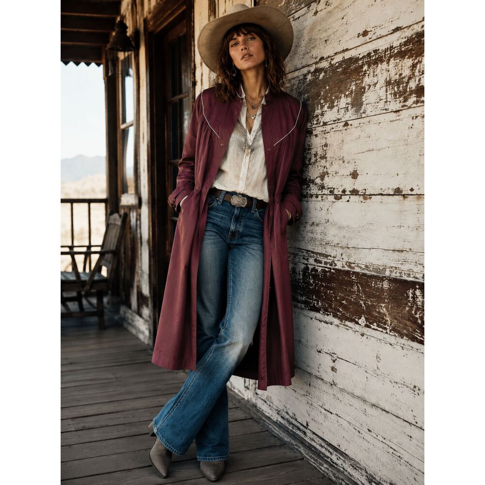Vintage Burgundy Western Trench Coat Belted Raincoat Long Coat 7/8